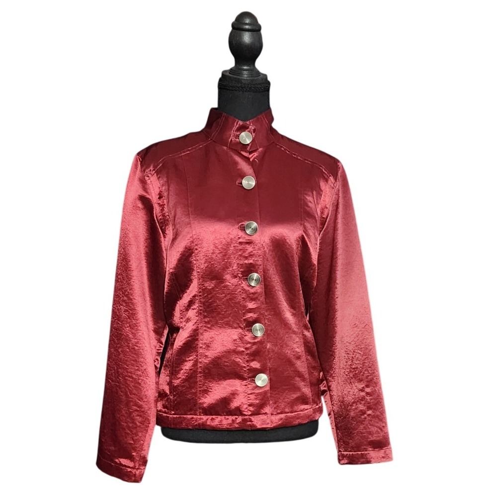 Chico's Womens Red Y2K Military Style Mock Neck Button Front Jacekt Sz 1